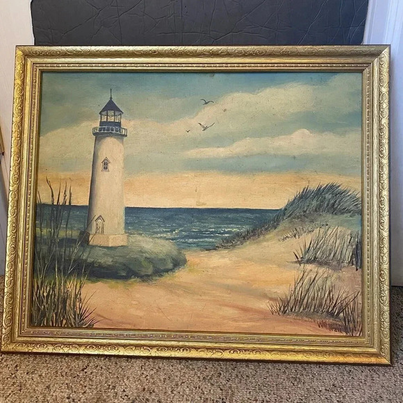 VTG OIL PAINTING ON CANVAS BY WILFRED F HALL LIGHTHOUSE SEASCAPE 1993 FRAMED - Picture 1 of 7